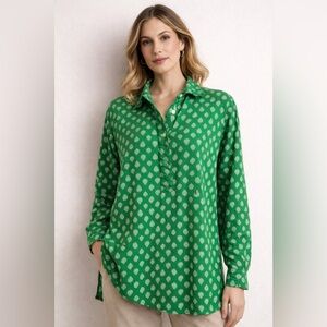 Backwoods Green Boho Tunic Top White Print Rayon India Size S